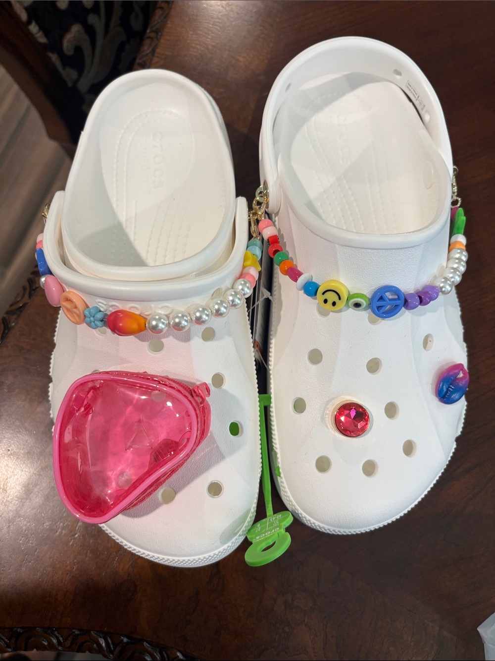 CROCS White womans Classic Clogs with Multicolor Bead Charms